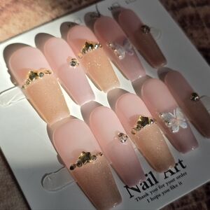 102. Pink Glitter Ombre Press-On Nails with Butterfly Accent